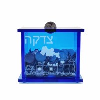Acrylic Tzedakah Charity Box Train Design Blue 4.75" x 4"